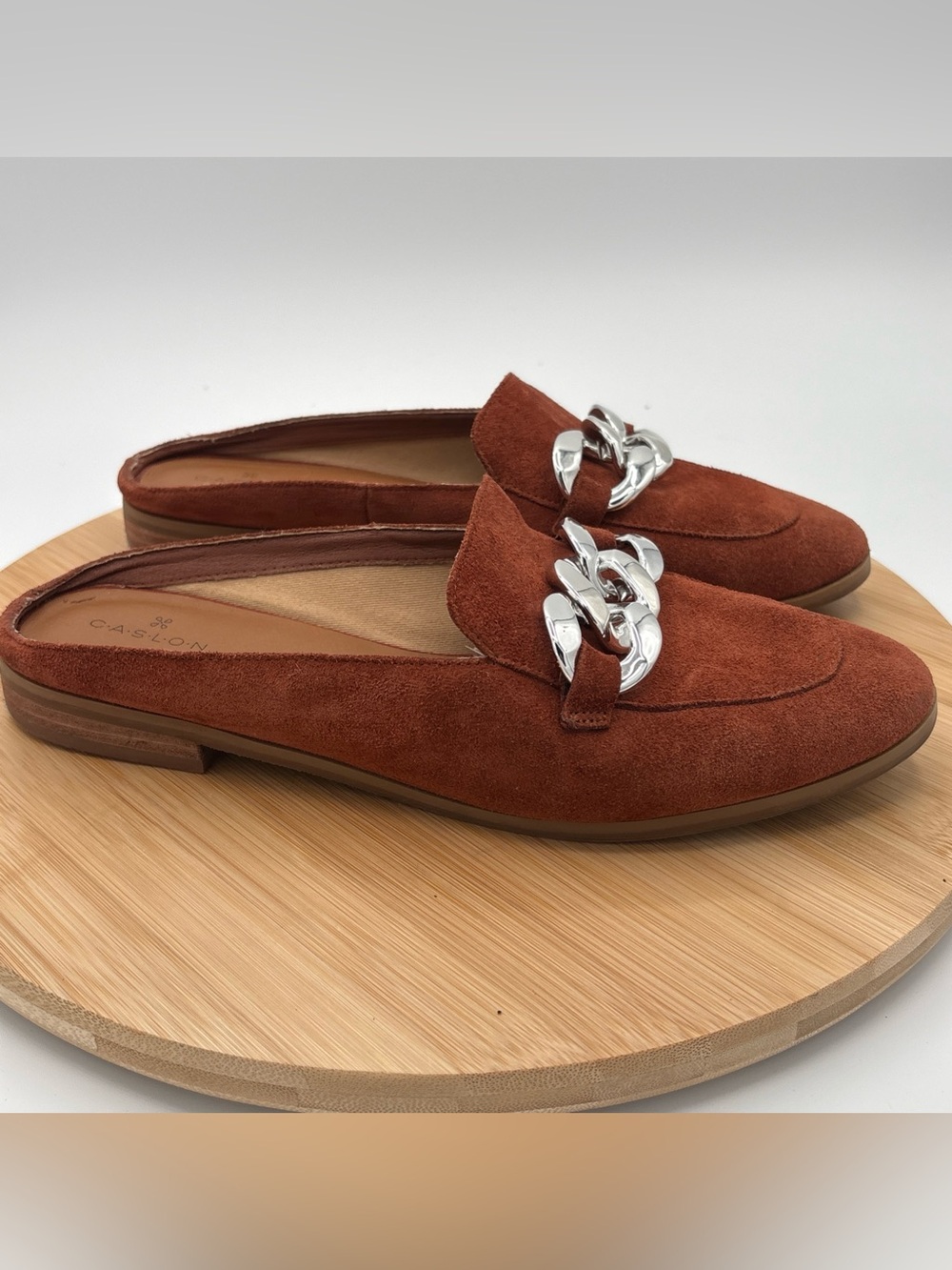 Caslon Suede Mule Loafers Womens 8.5M Rust Brown Silver Chain Slip On Comfort